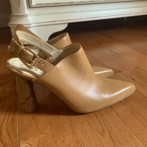 Fancy tan sling back mules. Size 8.5 never worn.